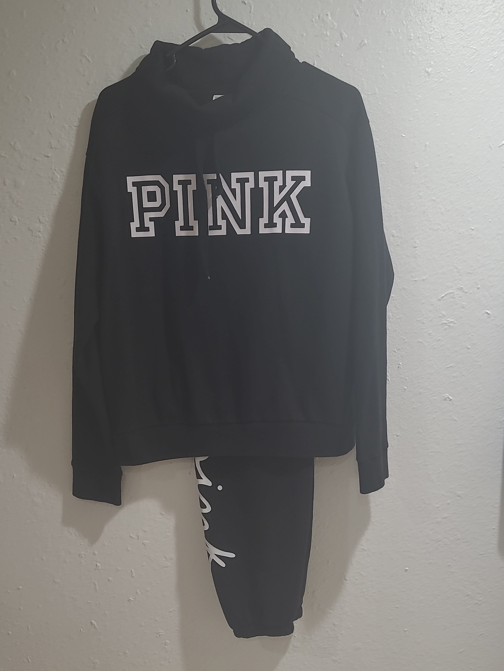 PINK Victoria's Secret Black Hoodie and Joggers Set with White Logo
